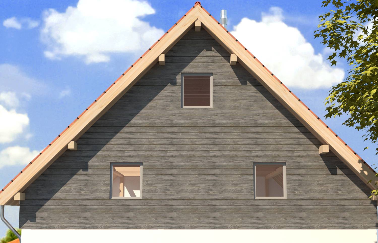 Vista frontale di una piccola casa in legno con un tetto spiovente ripido, tre finestre e un cielo blu con nuvole sullo sfondo.