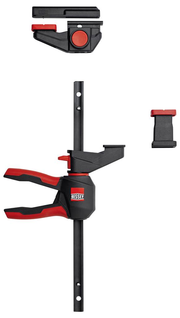 Morsetto a barra Bessey nero e rosso con pezzi di mascella intercambiabili mostrato in viste assemblate e disassemblate.