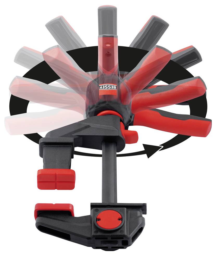 Morsetto rosso e nero regolabile mostrato in movimento, con una testa rotante a forma di ventilatore e un manico a vite su sfondo bianco.