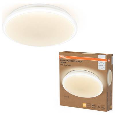 Immagine del prodotto di una lampada da soffitto OSRAM Essential Orbis con sensore da 390mm, che mostra l'apparecchio di illuminazione rotondo acceso sopra la sua scatola di vendita al dettaglio.