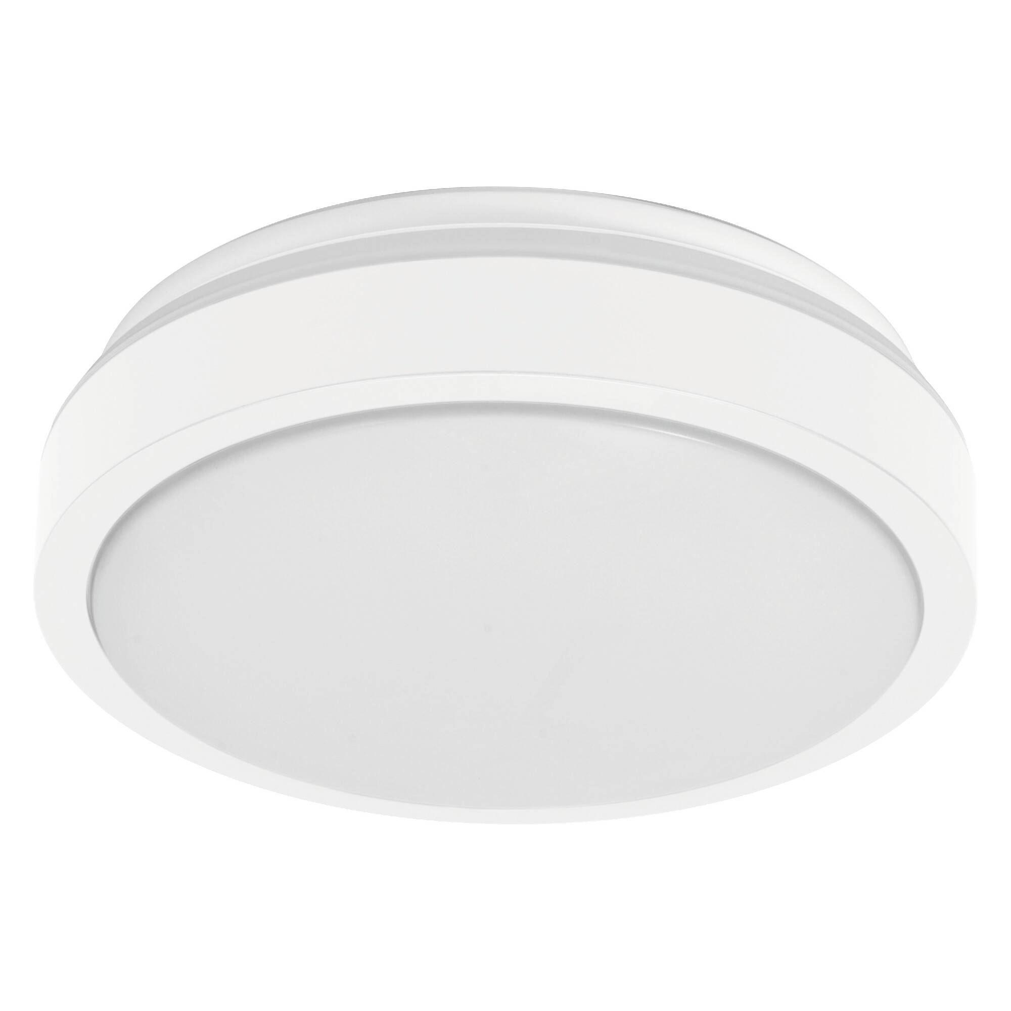 Plafoniera da soffitto tonda bianca ad incasso su sfondo neutro.