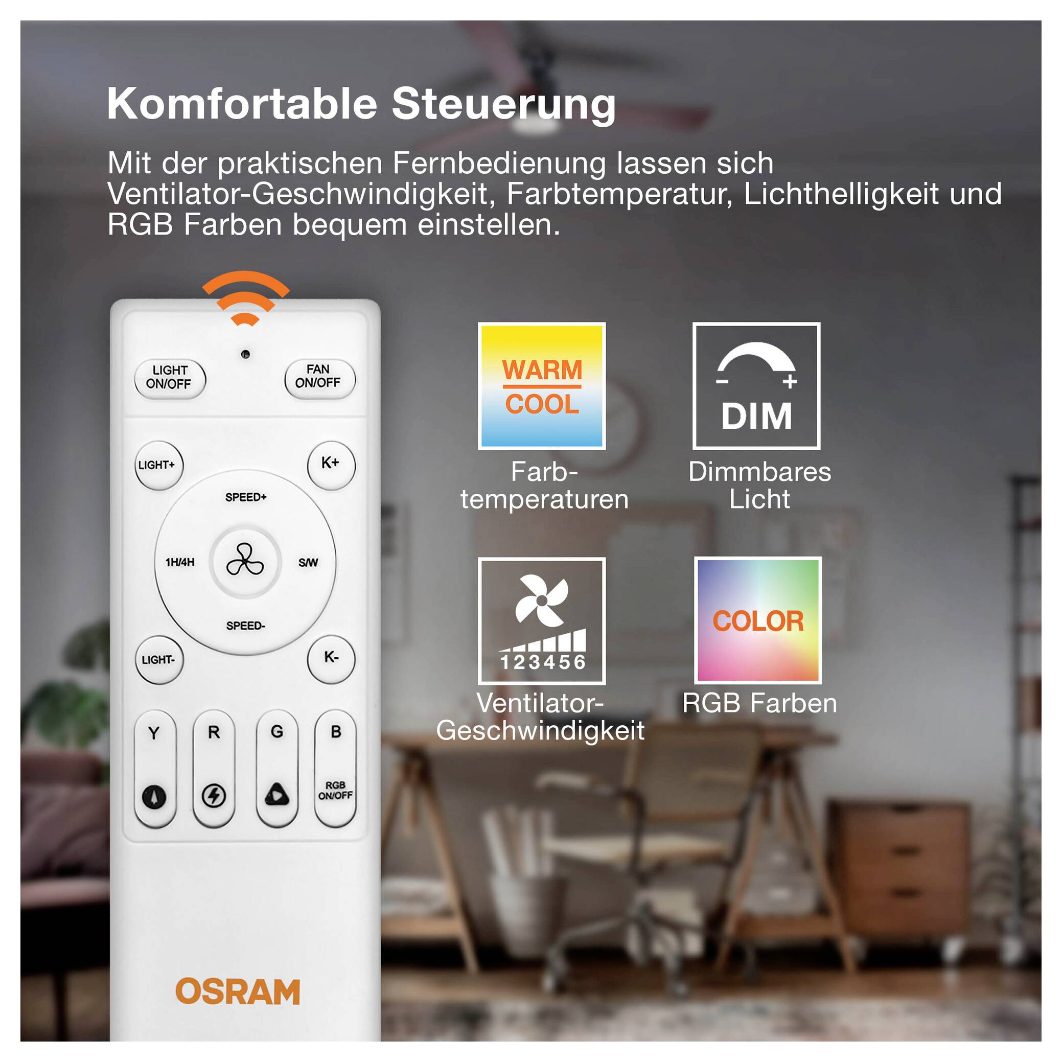 Annuncio pubblicitario OSRAM tedesco che mostra un telecomando per la luce del ventilatore a soffitto, con testo che dice che regola la velocità della ventola, la temperatura del colore, la luminosità e i colori RGB.