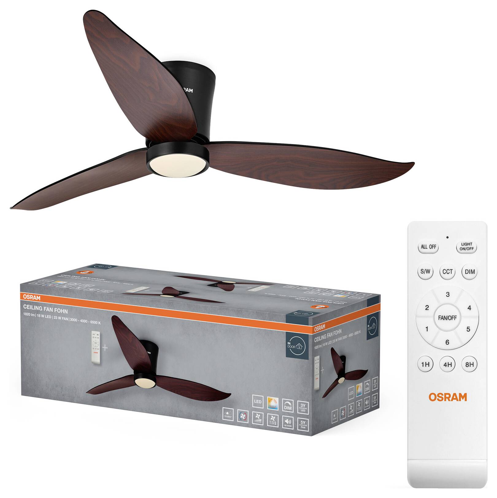 Ventilatore a soffitto con tre pale in legno scuro, la sua confezione al dettaglio e un telecomando bianco OSRAM.