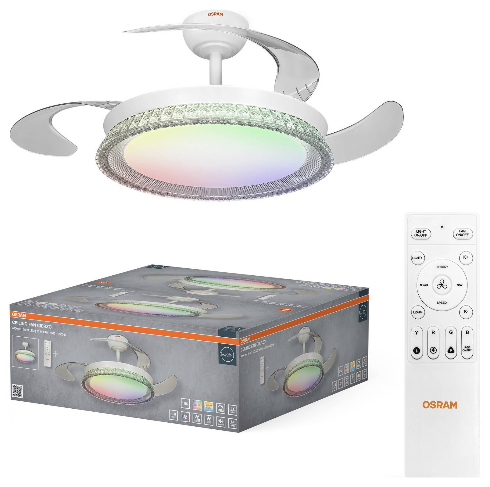 Ventilatore da soffitto OSRAM con anello LED a cambio colore, confezionamento in scatola come mostrato di seguito, e un telecomando per regolare le impostazioni della luce e del ventilatore.