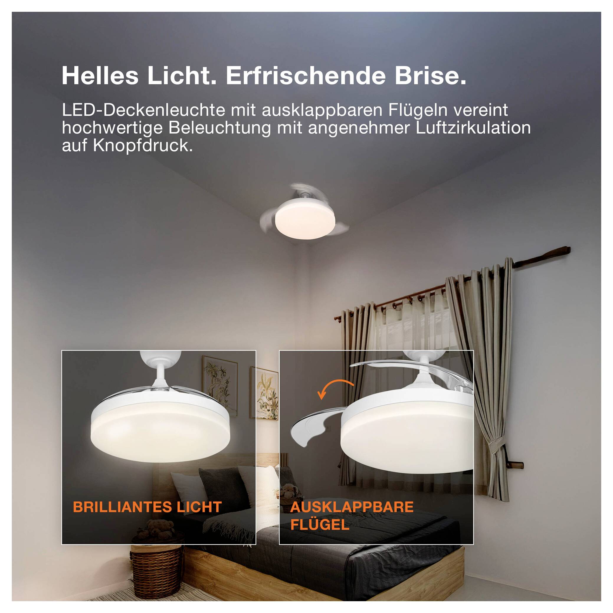Annuncio pubblicitario italiano per una lampada da soffitto LED con ali pieghevoli, che mostra una luce brillante e una migliore circolazione dell'aria; le etichette recitano "Luce Brillante" e "Ali Pieghevoli".