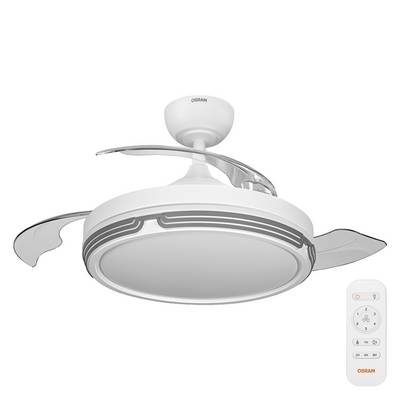 Ventilatore da soffitto OSRAM bianco con luce integrata e pale curve, mostrato con il relativo telecomando.