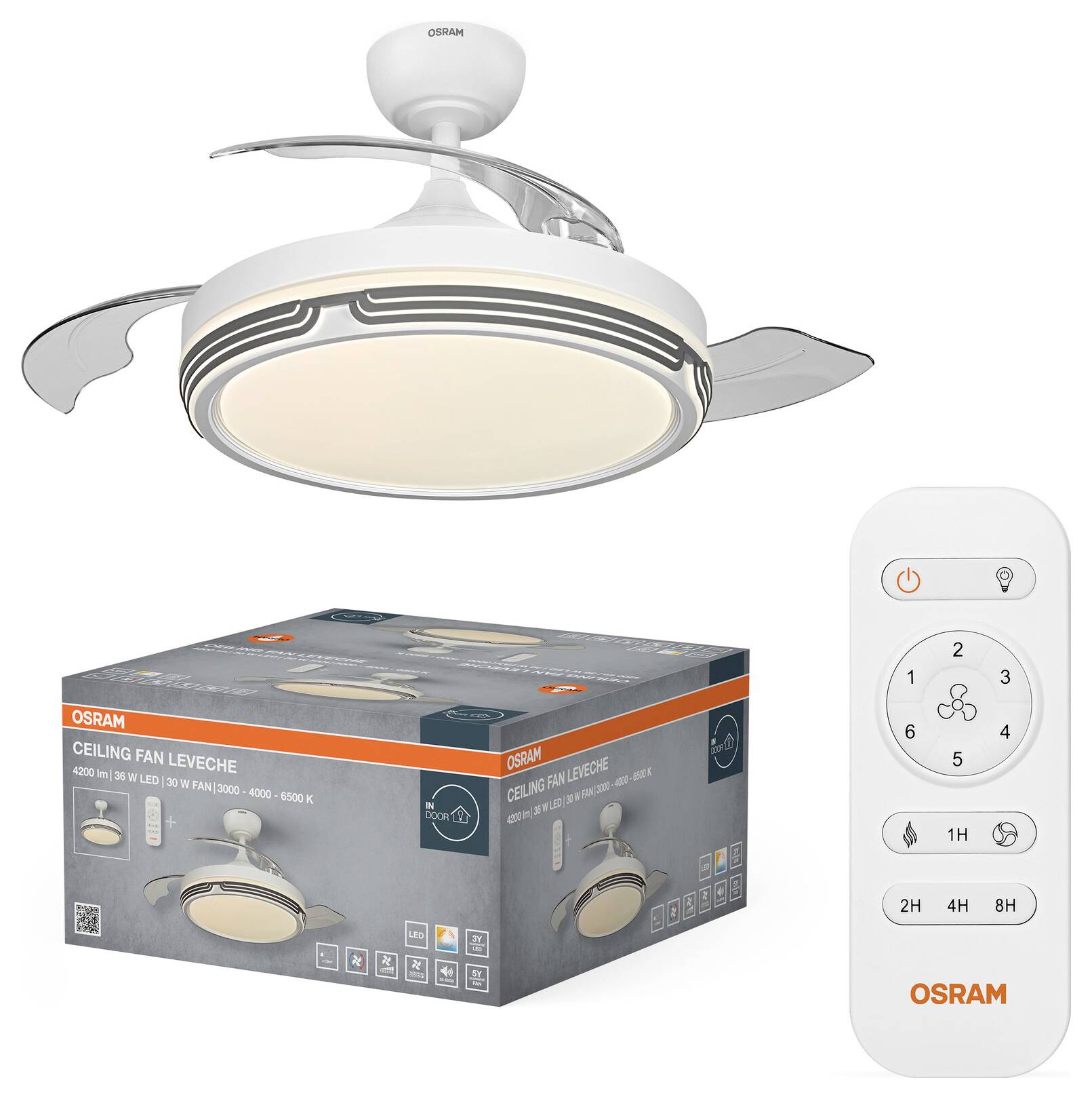 Ventilatore da soffitto OSRAM con luce LED, telecomando e scatola prodotto mostrati su sfondo bianco.