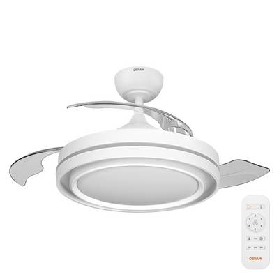 Ventilatore da soffitto OSRAM bianco con tre pale curve e una lampada LED rotonda, mostrato con un telecomando portatile.