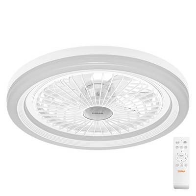 Ventilatore da soffitto bianco rotondo con luce integrata e telecomando di tipo a parete su uno sfondo bianco neutro.