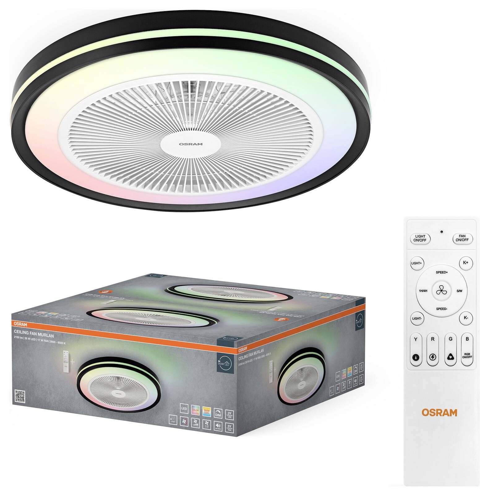 Una plafoniera rotonda OSRAM con anello LED arcobaleno e telecomando, mostrata nella confezione.