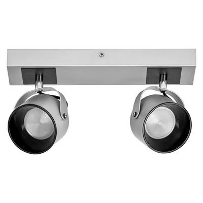 Due faretti spotlight neri regolabili montati su una barra rettangolare al soffitto di colore argento.