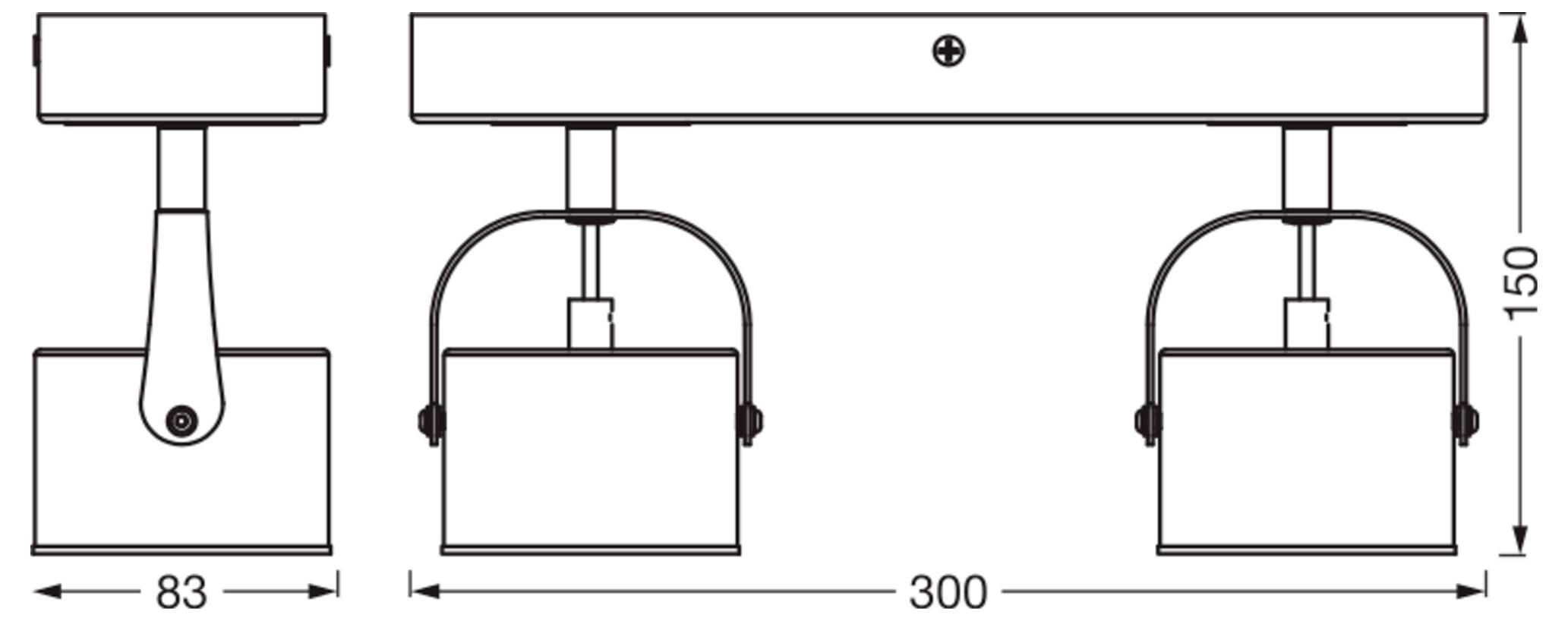 Disegno tecnico di un apparecchio di illuminazione con posizioni per lampade sospese uno e due, che mostra dimensioni di 300 mm di larghezza e 150 mm di altezza, con una larghezza della base di 83 mm.