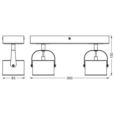 Disegno tecnico di un apparecchio di illuminazione con posizioni per lampade sospese uno e due, che mostra dimensioni di 300 mm di larghezza e 150 mm di altezza, con una larghezza della base di 83 mm.