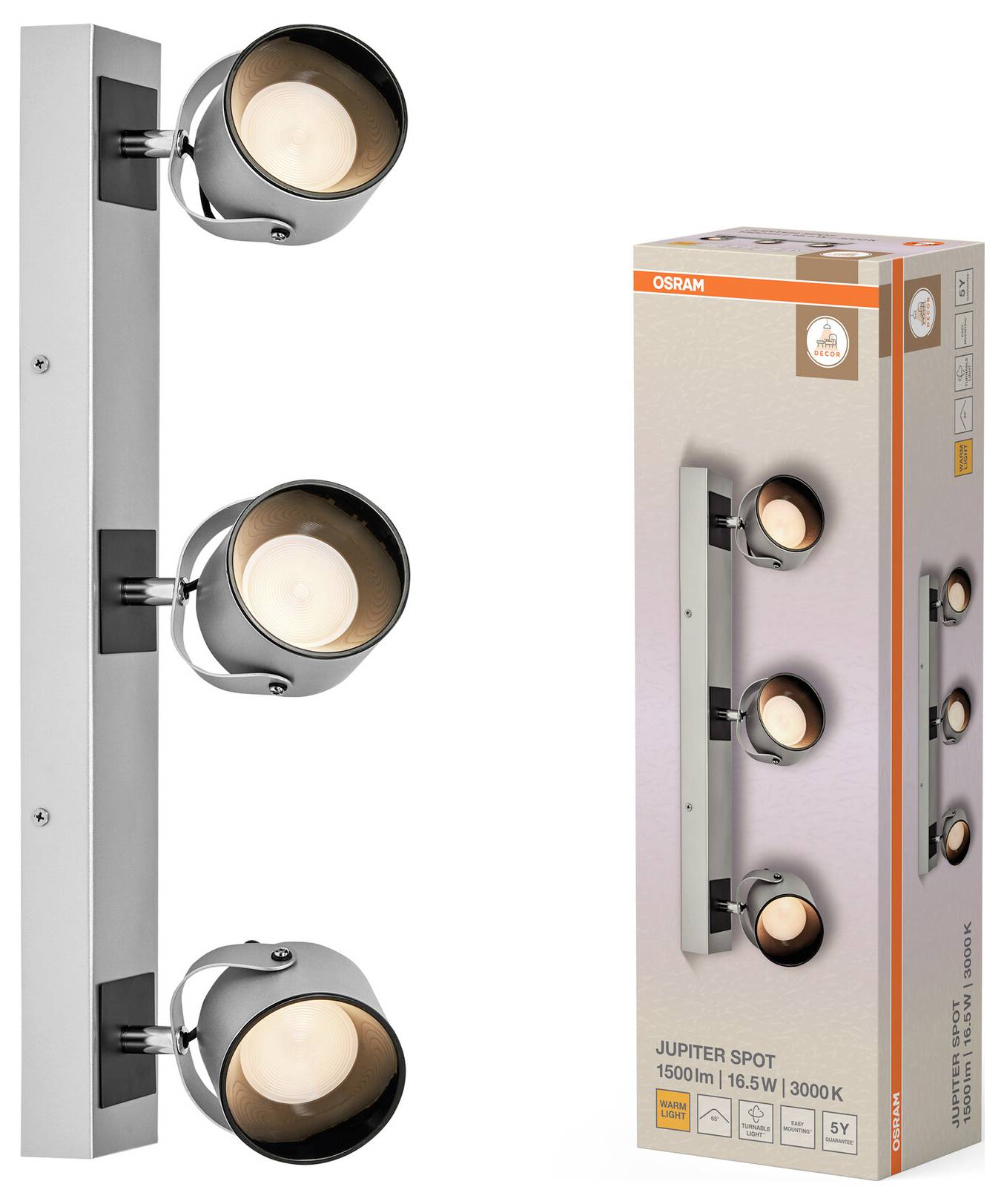 Plafoniera da parete a tre luci in finitura metallo spazzolato, mostrata accanto al suo imballaggio del prodotto OSRAM JUPITER SPOT.