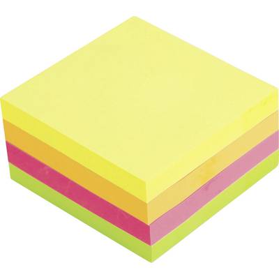 Pila di foglietti adesivi multicolori con il foglio superiore giallo e strati rosa, arancione e verde su uno sfondo bianco.
