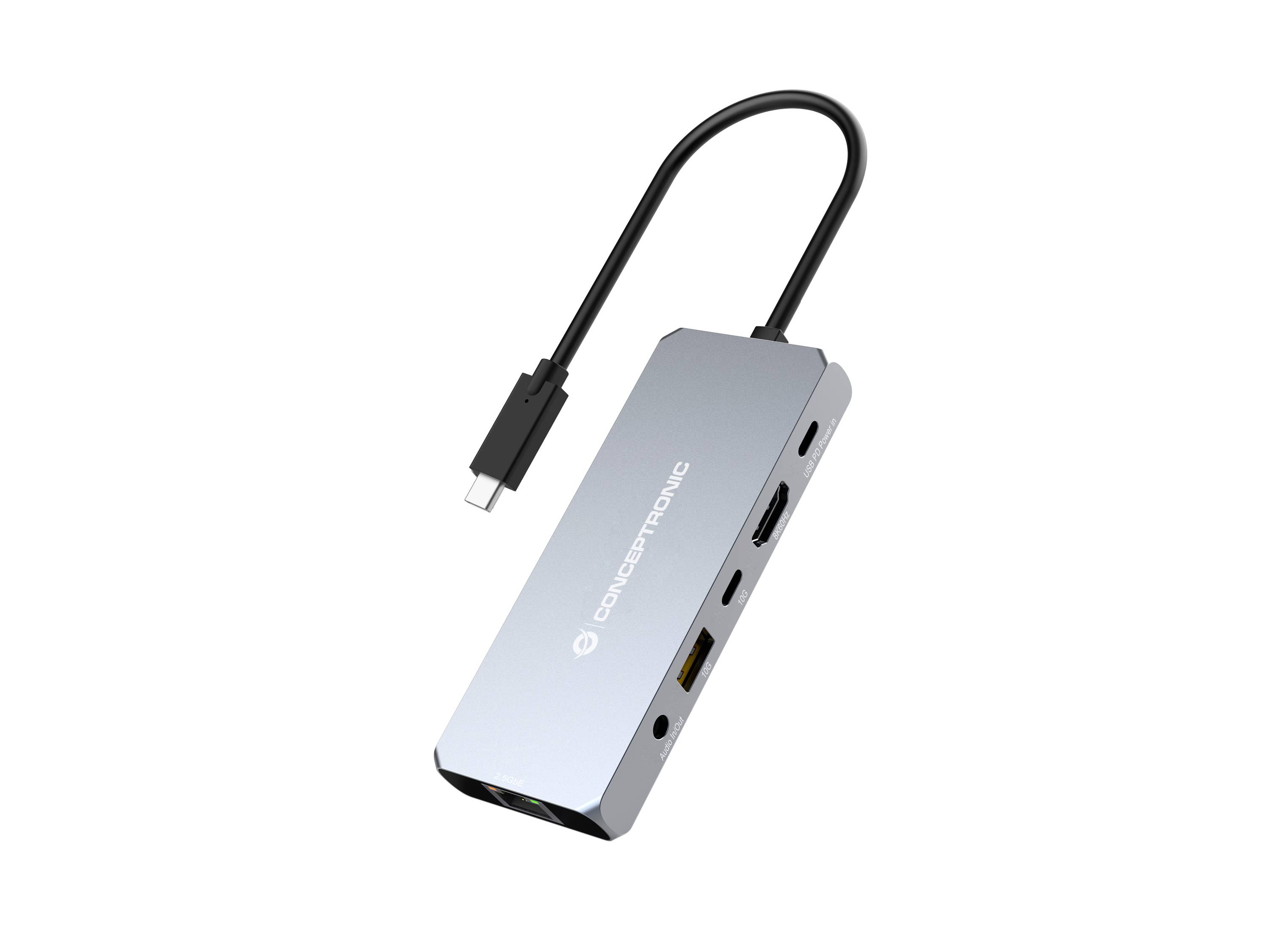 Hub USB-C portatile in argento con cavo integrato e multipli connettori laterali per collegare dispositivi.
