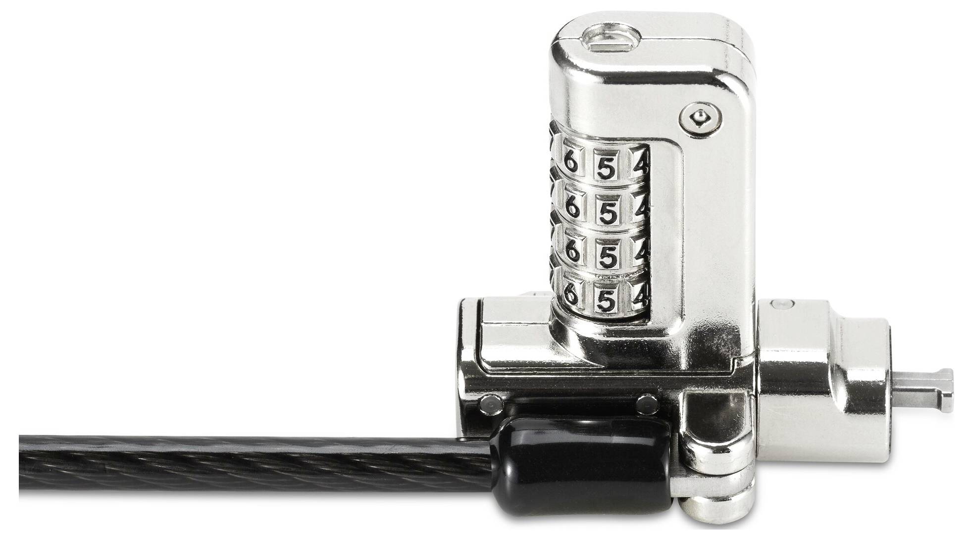Primo piano di un lucchetto a cavo metallico con quadrante di combinazione a quattro cifre e cavo intrecciato nero, isolato su sfondo bianco.