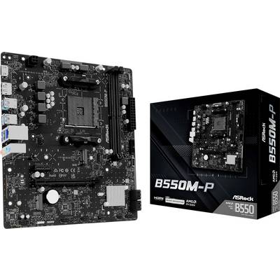 Scheda madre ASRock B550M-P mostrata accanto alla sua scatola di vendita al dettaglio, una scheda madre micro-ATX AMD B550 per CPU Ryzen.