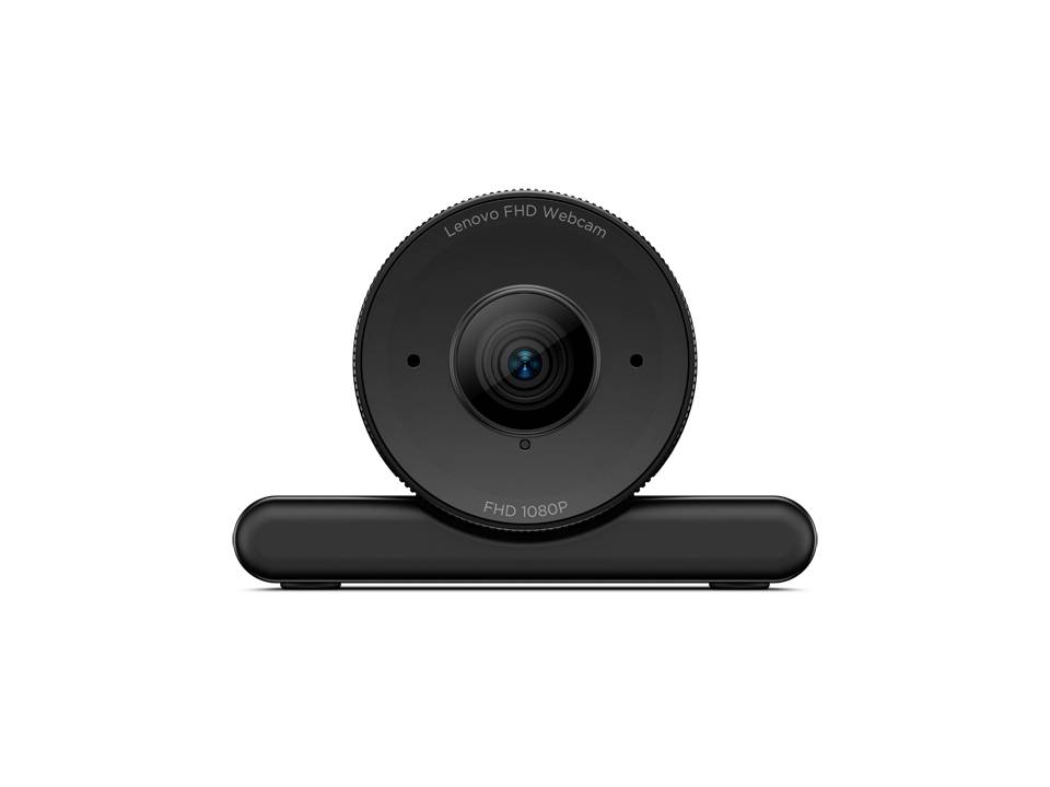 Webcam Lenovo FHD nera su un supporto orizzontale, vista frontale su sfondo bianco.