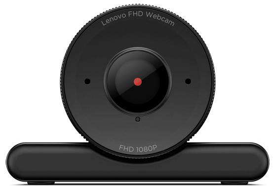 Webcam Lenovo FHD 1080P nera mostrata frontalmente su una base orizzontale corrispondente.