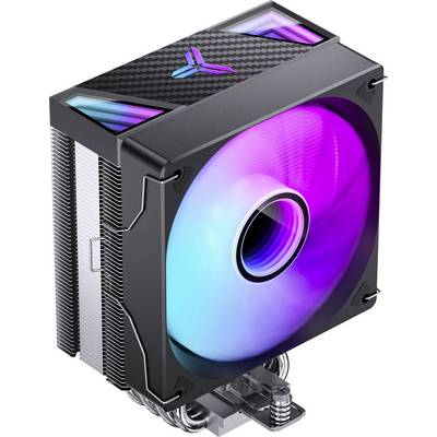 Dissipatore CPU nero con alette di raffreddamento e ventola RGB luminosa, mostrato su sfondo bianco.