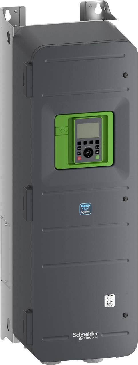 Unità di azionamento elettrico Schneider Electric di colore grigio con pannello di controllo verde sulla parte anteriore, mostrato montato verticalmente.
