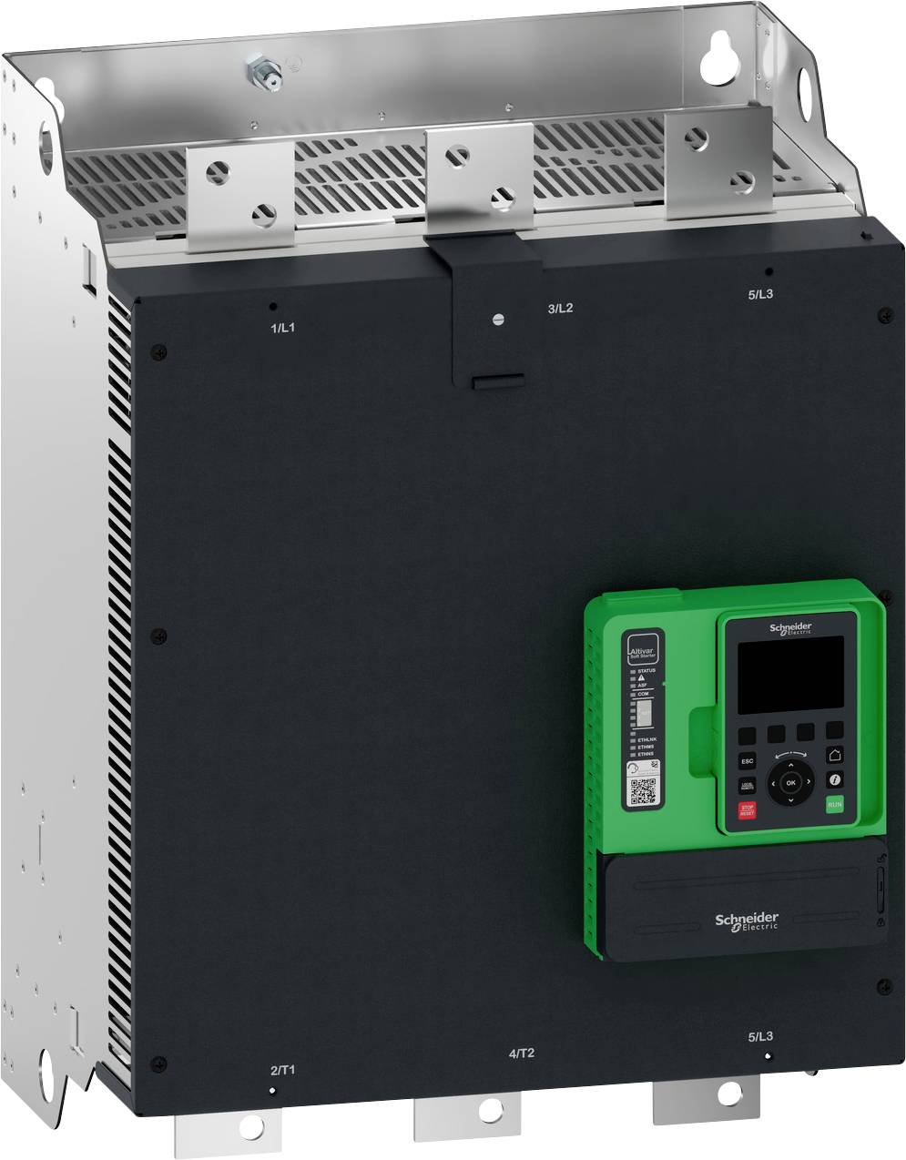 Controllore motore Schneider Electric industriale con modulo di controllo digitale verde montato su un'unità di alimentazione nera.