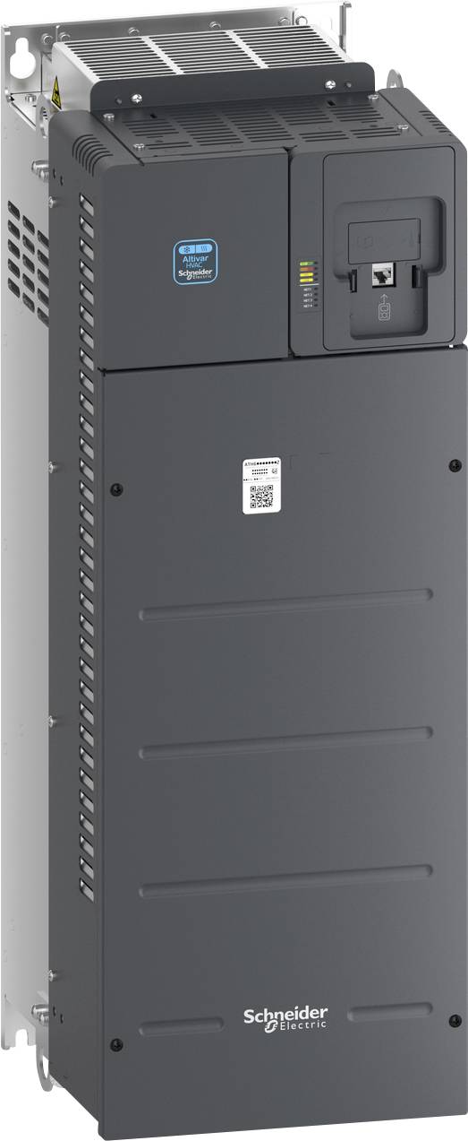 Vista frontale di un'unità di azionamento industriale Schneider Electric con pannello di controllo e indicatori di stato montati in un'armadio metallico.