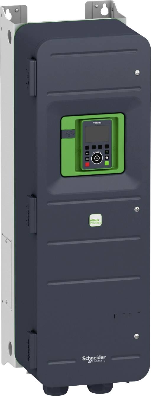 Unità di controllo industriale Schneider Electric con display digitale e pulsanti su un'custodia a parete grigio scuro.