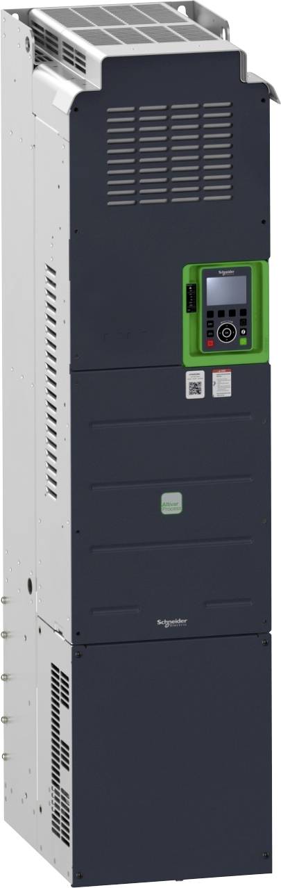 Un alto armadio Schneider Electric a velocità variabile con un pannello di controllo verde sulla parte anteriore.