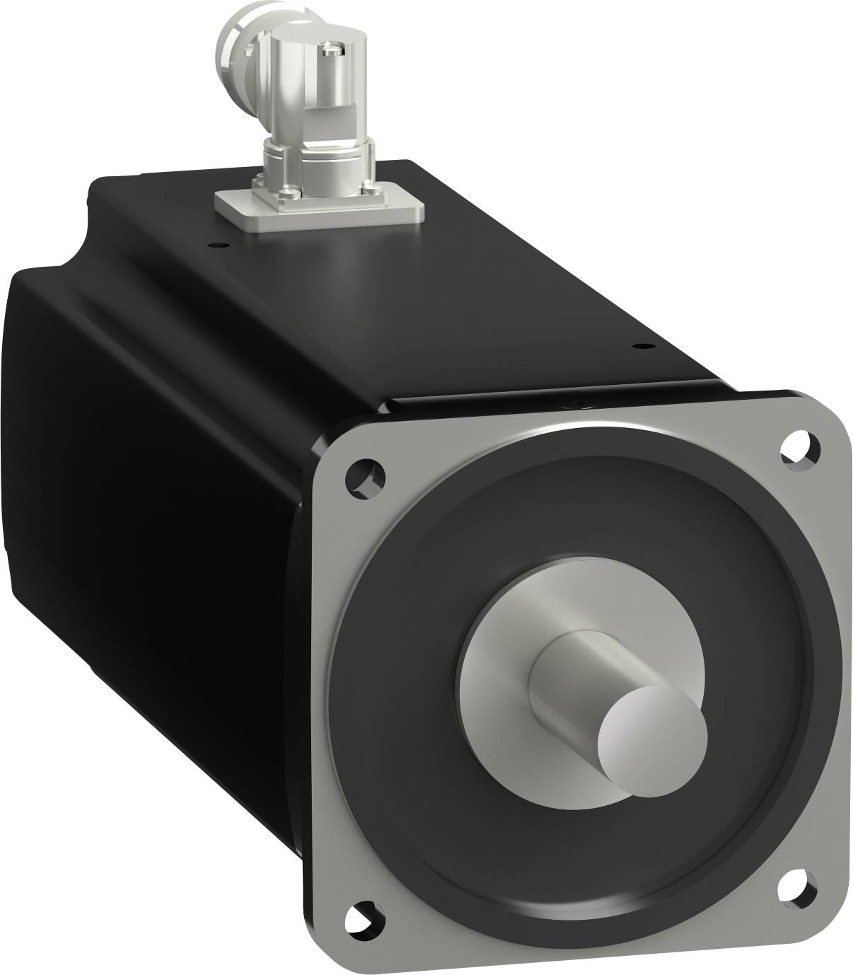 Motore elettrico industriale nero con albero argento e flangia di montaggio, mostrato su sfondo bianco.