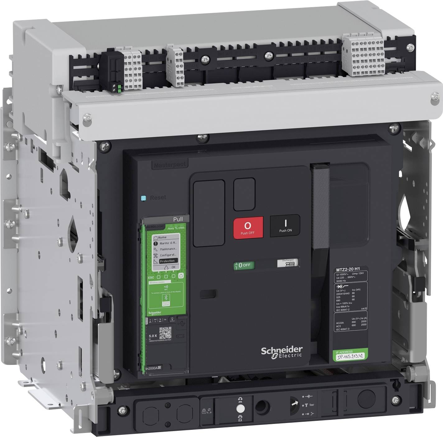 Assemblaggio di interruttore automatico Schneider Electric industriale con controlli rossi "Push to trip" e neri "Push ON", mostrato montato in un telaio metallico.