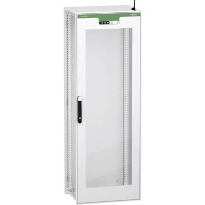 Un alto mobile da laboratorio bianco con sportello a vetro frontale, maniglia nera e pannello superiore verde, mostrato in vista frontale.
