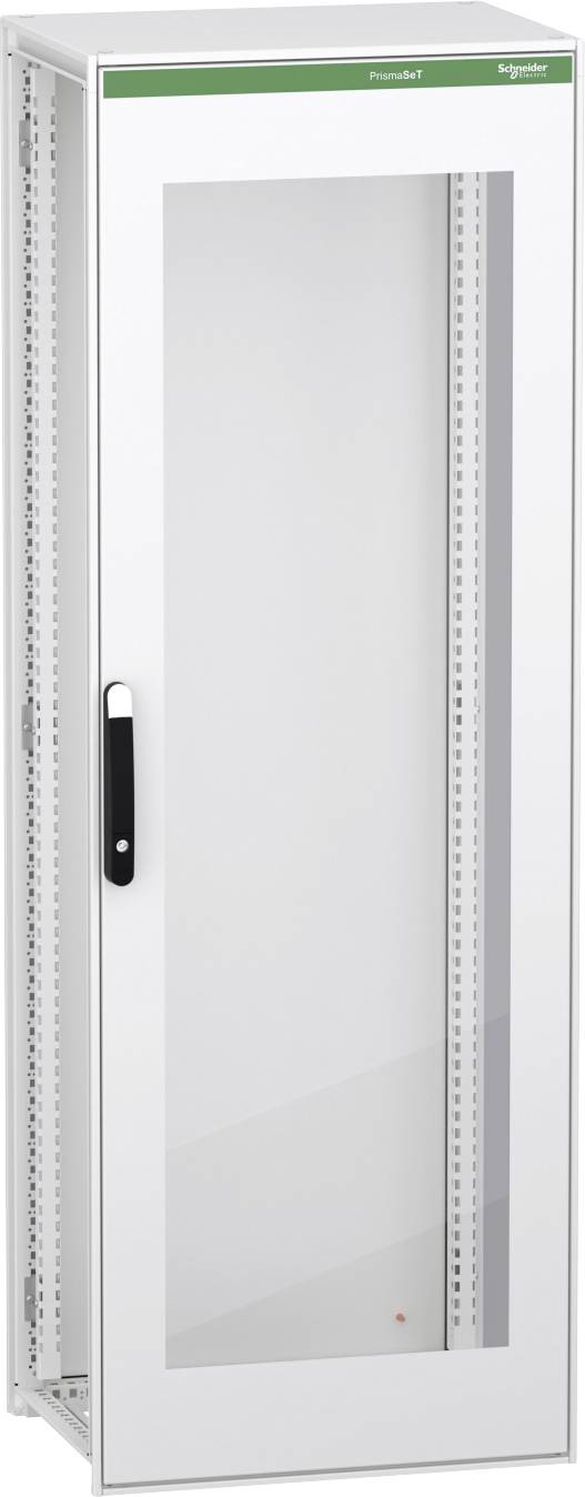 Armadio di distribuzione elettrica di colore bianco ad altezza considerevole, con porta anteriore in vetro, maniglia nera e guide laterali ventilate.