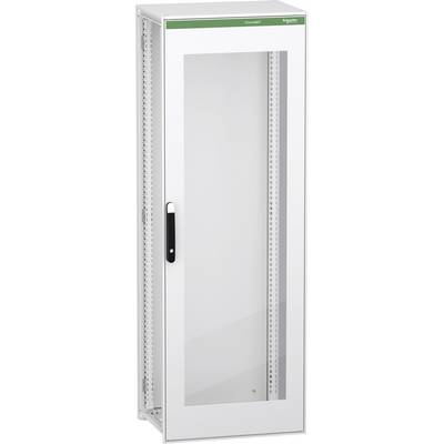 Armadio di distribuzione elettrica di colore bianco ad altezza considerevole, con porta anteriore in vetro, maniglia nera e guide laterali ventilate.