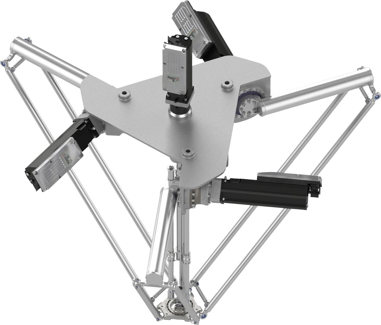 Robot delta industriale con tre bracci articolati e piastra triangolare centrale superiore, mostrato in un'illustrazione tecnica su sfondo bianco.