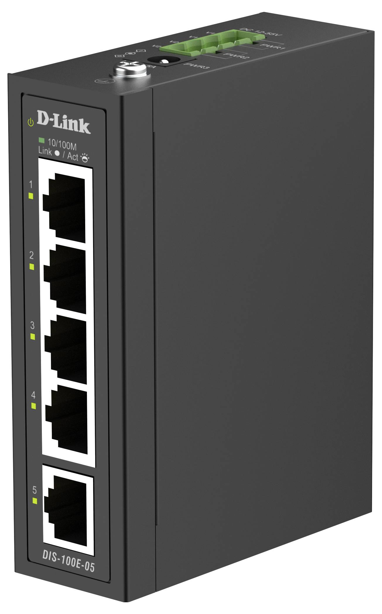 Interruttore Ethernet industriale D-Link nero con cinque porte anteriori e LED di stato, modello DIS-100E-05.