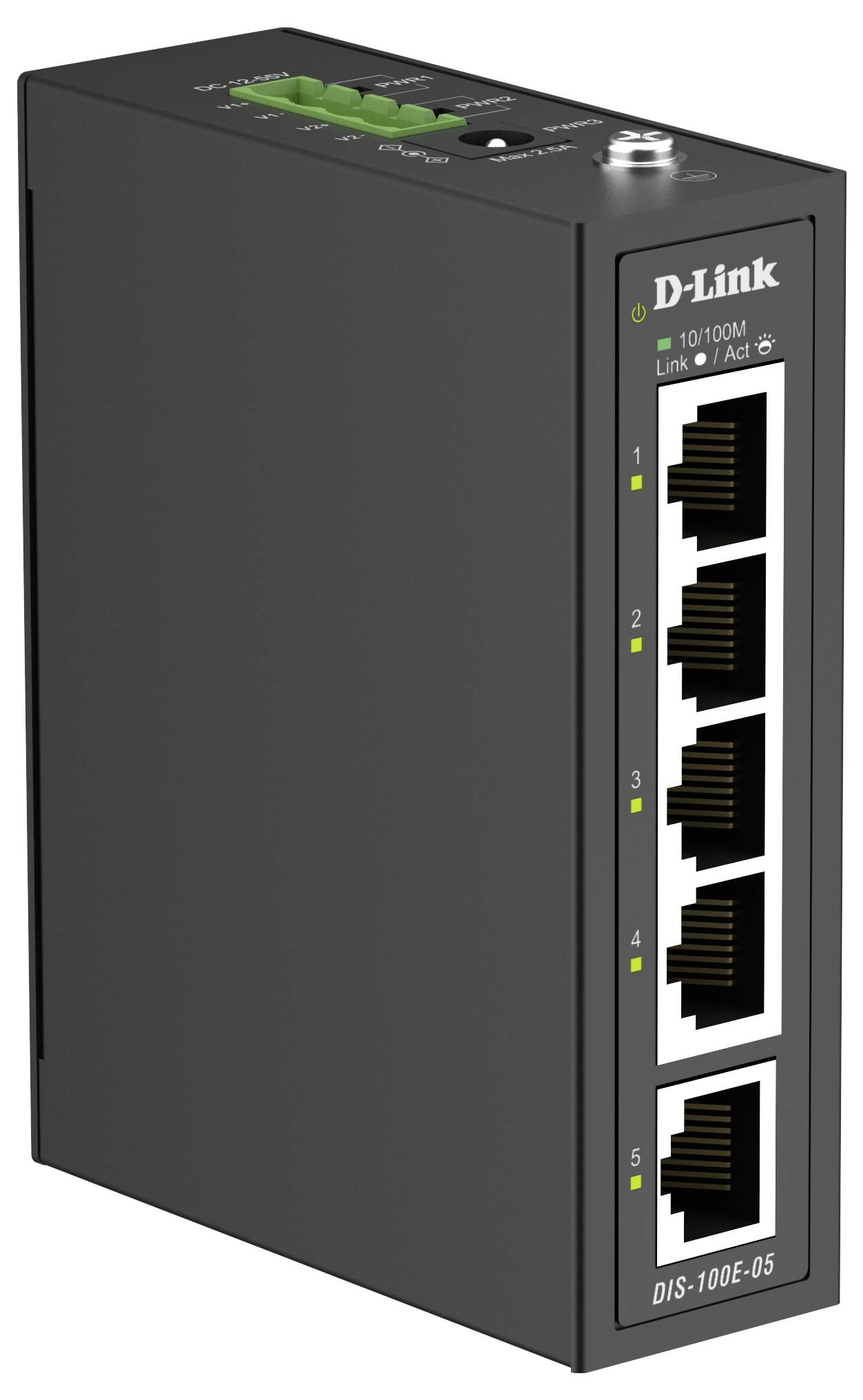 Switch Ethernet D-Link nero a 5 porte con porte di rete numerate e spie di stato