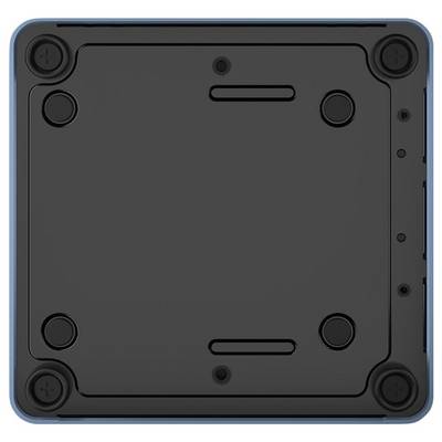 Vista inferiore di un piccolo dispositivo quadrato nero o custodia con angoli arrotondati, quattro piedini agli angoli e due aperture a fessura su una cornice con bordo blu.