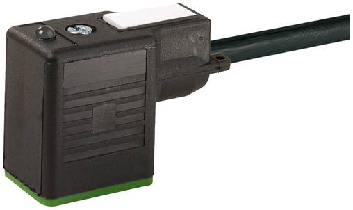 Interruttore/modulo elettrico inline nero su cavo, con pulsante basculante bianco e base verde.