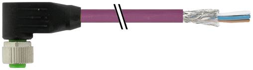 Connettore per cavo industriale ad angolo retto con cavo rosa, che mostra i fili sfrangiati esposti all'estremità tagliata.