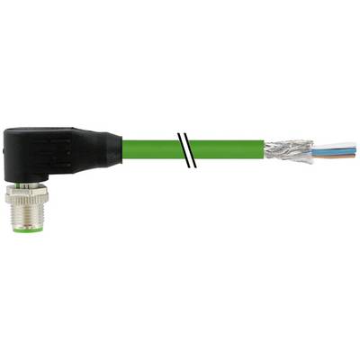 Connettore per cavo ad angolo retto nero collegato a un cavo verde con fili di rame esposti e blu all'estremità tagliata.