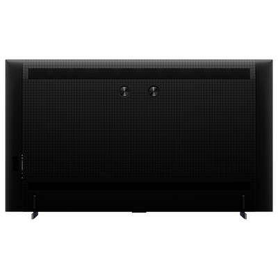 Vista frontale di un televisore a schermo piatto nero o monitor con pannello posteriore strutturato, due manopole di controllo posteriore e gambe di supporto visibili.