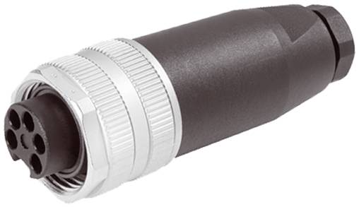 Primo piano di un connettore elettrico circolare nero e argento con cinque aperture di contatto e un accoppiamento in metallo filettato.