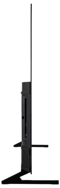 Vista laterale di una sottile TV a schermo piatto nera o di un monitor su un supporto con un'asta verticale simile a un'antenna che si estende verso l'alto.