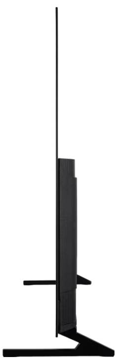 Dispositivo elettronico verticale nero e sottile con una base triangolare ampia, mostrato in vista laterale su uno sfondo bianco.