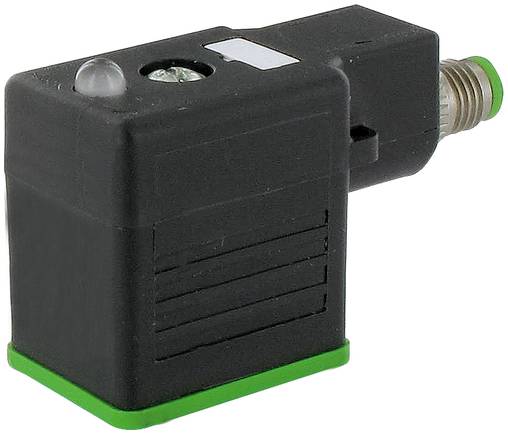Modulo sensore o connettore con angolo retto di colore nero con punta in metallo filettato e accenti in verde alla base, mostrato su sfondo bianco.