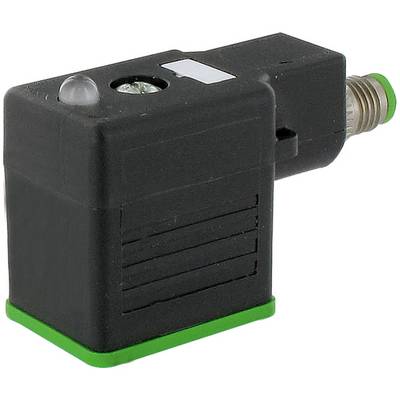 Modulo sensore o connettore con angolo retto di colore nero con punta in metallo filettato e accenti in verde alla base, mostrato su sfondo bianco.