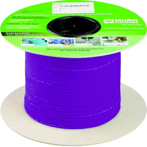 Bobina di cavo viola con etichetta verde Murrelektronik su base bianca, che mostra l'imballaggio del prodotto di cavo industriale.