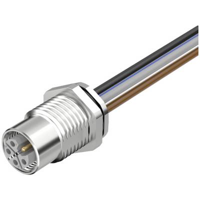 Primo piano di un connettore circolare metallico per cavi con quattro fili colorati che si estendono da esso su uno sfondo bianco.